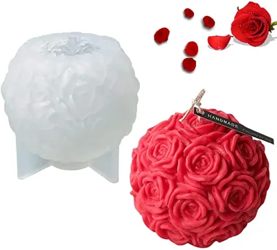 3D Rose Flowers Silicone Mould Valentine's Day Resin Casting Mold for Soap Making Large Medium&Small Rose Ball Candle Mold