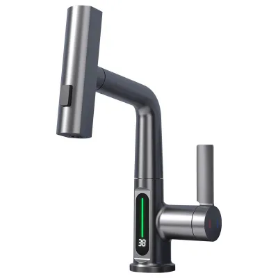 All-Copper Multifunctional Modern Bathroom Cabinet Digital Display Household Basin Faucet for Hot Cold Water Drum Brass Material