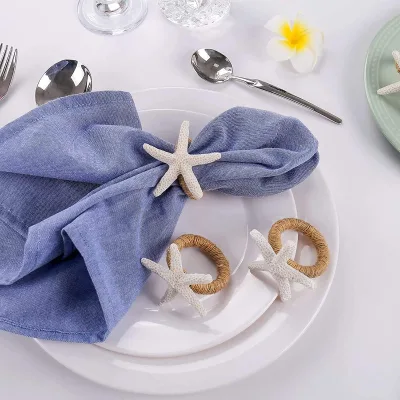 Wedding-themed Party Banquet Coastal Table Decorations White Blue Coast Starfish Napkins Rings