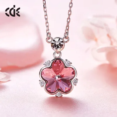 CDE YN0758 Wholesale Citrine Crystal 925 Sterling Silver Pendant Necklace Rhodium Plated Pink Flower Design Women Third Party