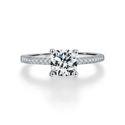 Luxury 1ct Cushion Cut Moissanite Ring S925 Silver 1.4mm Dainty Paved Band Engagement Ring Premier OEM/ODM