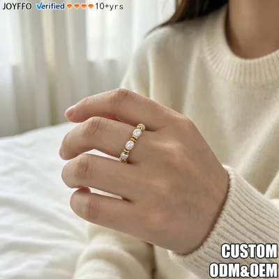 4.5-5mm Natural Freshwater Pearl Ring with Geometric Square Spacers Luxury Rings for Women