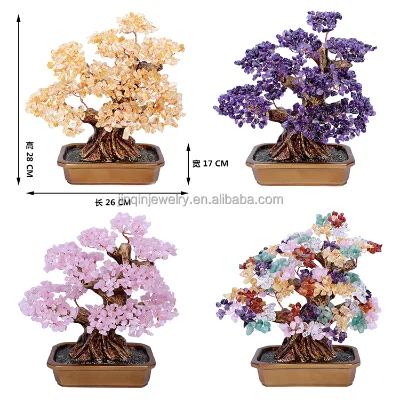 Natural Amethyst & Yellow Crystal Feng Shui Life Tree Ornament for Home Decor Reiki Healing Chakra Energy Accessory