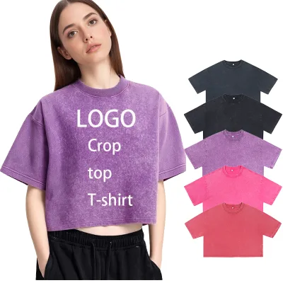 Women's Summer Crop Top T-Shirt Custom Logo Acid Wash Vintage Cut Cotton Eco-Friendly Printing Cropped Cotton Tshirts