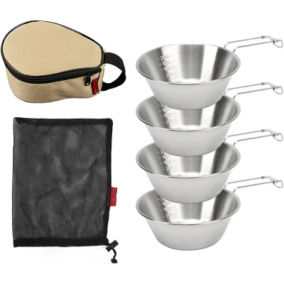 Iwayman Sierra Cup Camping, 4Pcs Stainless Steel Cookware Set with Anti Hot Handle and Storage Case for Hiking, Travel, Picnic