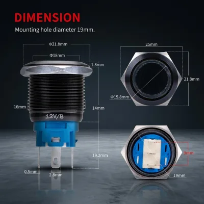 IP65 Waterproof Push Button Switch 19mm Metal Push Button Switch Latching 24V on off Switch Push Button Boat Yacht Control Panel