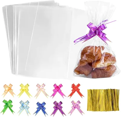 Transparent Cellophane Bag, 100 Pcs Cellophane Treat Bags with Twist Ties and Bows, Plastic Transparent Bags for Favor Candy BA