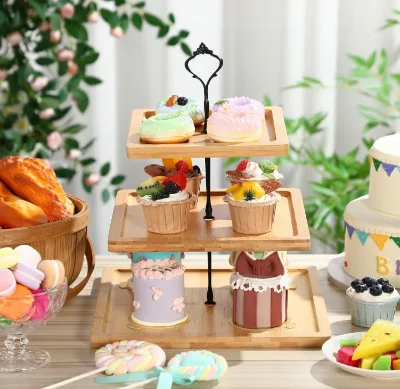 Customizable Logo 3-Tier Bamboo Cupcake Stand with Square Serving Tray Kitchenware Wooden Cake Stands for Desserts