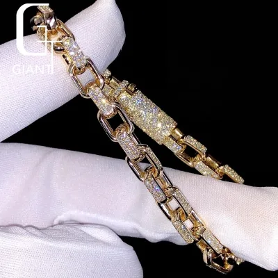 10K Yellow Gold Box Link 10MM Men Diamond Bracelet Lab Grown Diamond VVS Grade