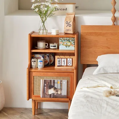 Nordic-style Solid Wood Rattan Modern Minimalist Multifunctional Nightstand with Flip-door and Storage for Living Room