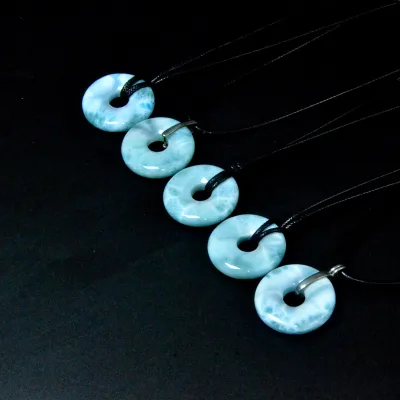 30mm Super Blue Larimar Donut Shape Peace Pendant Smooth 100% Natural Crystal for Love Energy DIY Chakra Jewelry with 8mm Hole