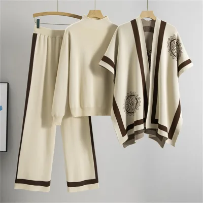 Spring New Style Knitted Shawl Cape + Long-sleeved Sweater + Wide-leg Pants 3 Piece Cozy Knit Set