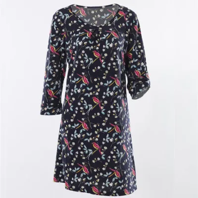 Wholesale OEM Manufacturer Women's Dresses Floral printing Long Sleeve with sleeve tab round Neck with centre pleats A line dress