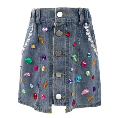 Custom Design Breathable A-Line Girls Printed Denim Skirt Beaded Gems 2-14 Years Girls Denim Skirt