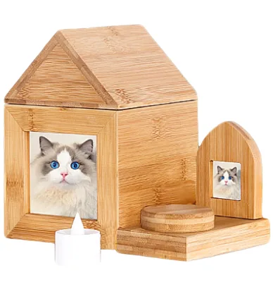 Wooden Pet Ash Box Cinerary Casket Pet Memorial Box Keepsake House-shaped Cremation Urn for Cats Dogs With Photo Frame
