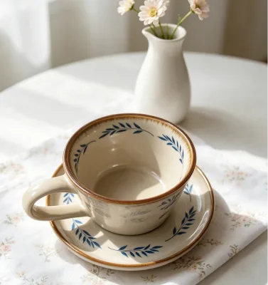 Chinese Style Ceramic Coffee Cup Saucer Set Retro Style Espresso Cup Multicolor Glossy Finish Solid Color Used Coffee Shop Food