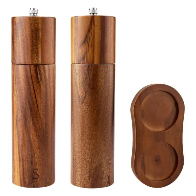Wholesale Custom Natural Wooden Salt and Pepper Mill Set With Tray Acacia Kitchen Table Grinder OEM Adjustable Grinder Set