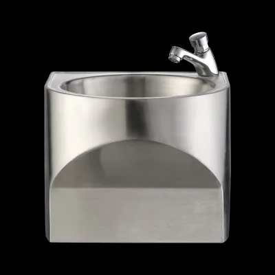 Kuge Compact Stainless Steel Hand Wash Basin with Push Button Faucet and Deep Round Bowl for Commercial Facility Bathroom