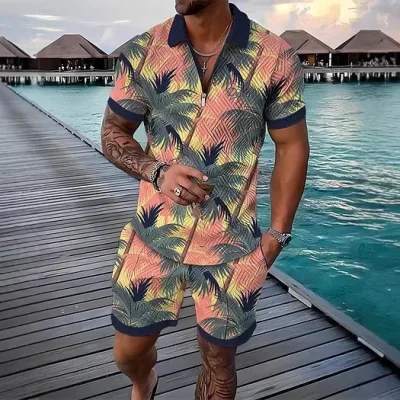 3D-printed Polo Zip-Up Collar Short-Sleeve Shirt Shorts Set-Ready Stock Men's Summer Casual Wear 100% Bamboo Fiber Color