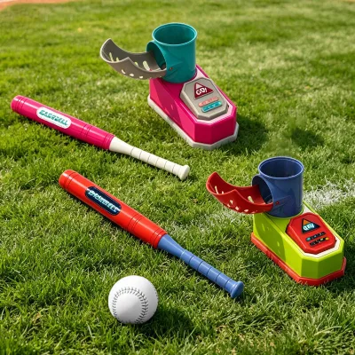 Kids Baseball Pitching Machine Toy Foot Operated Launcher with Bat & Ball Set Indoor Outdoor Sport Game for Toddlers Boys Girls