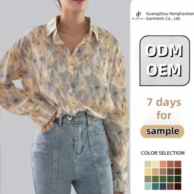 Custom Ladies Blouses Long Sleeves Fashion Print Drop Shoulder Button Front Woven Casual Trendy Shirt for Summer Winter Wear