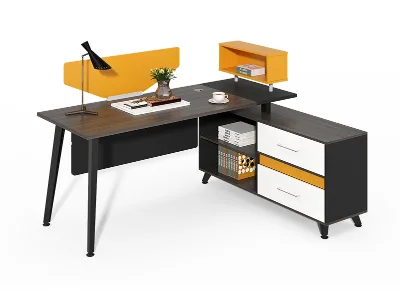 L-Shaped Wood Metal Computer Desk Adjustable Portable Contrast Yellow White Drawer Cabinet Divider Panel & Top Display Hutch