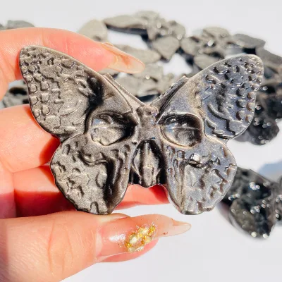 Wholesale High Quality Natural Unique Silver Obsidian Butterfly Skulls Gemstone Hand Carved  Crystal Wings for home decoration