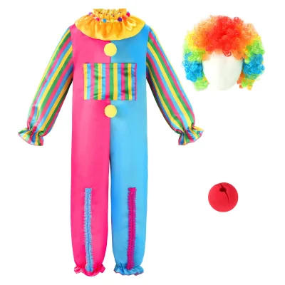 Halloween Cosplay Clown Costume Set for Kids Boys and Girls Funny Circus Outfits with Wig Clown Dress up