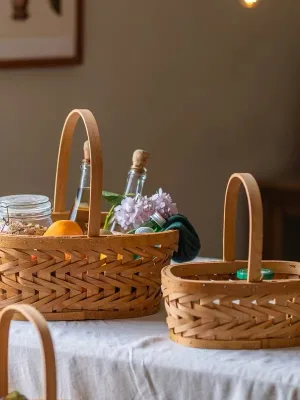 Wooden Woven Storage Basket, Hand-painted Flower Baske Simple and Elegant Rural Style Creative Flower Arrangement Storage Basket