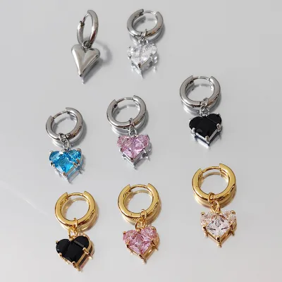 Wholesale New Stainless Steel Colored Zircon Heart Pendant Drop Earrings for Women Fashion Jewelry