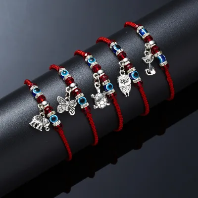 New Blue Evil Eyes Butterfly Heart Turtle Charm Red Rope Braided Diy Adjustable Bangle Bracelets
