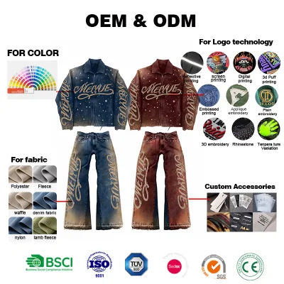 OEM ODM Clothing Supplier Men's Rhinestone Jeans Set Emboss Men's Large-sized Applique Embroidered Denim Jacket Quick Sample