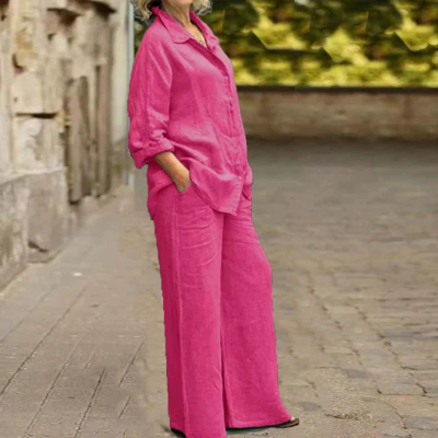 Women Fall 2025 Women Clothes Casual Linen 5xl Two Piece Set Pleated Decoration Solid Pattern Shirt Pants Dropshipping Clothes