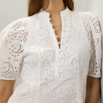 Wholesale Plus Size Cotton Midi Dress Empire Button Closure Belted Puff Sleeve Lace Detail Summer ODM Plain Dyed Dress Adults