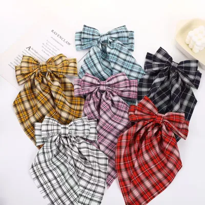 Women School Style Fabric Hair Barrette Large Checkered Hair Bows with Clip