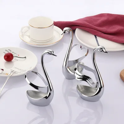 Creative Stainless Steel Swan Holder with Dessert Cake Spoon and Fruit Fork Table Decoration & Cutlery Accessory Set