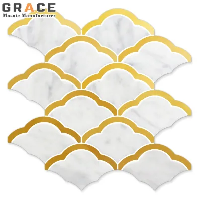 Hotel Luxury Gold Metal Edge Marble Mosaic Carrara Wall Art Floor Flower Waterjet Cloud-shaped Villa Decor Nautral StoneTiles