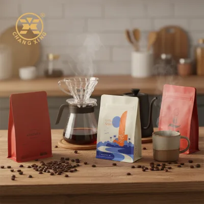 Custom Printed Recyclable Coffee Flat Bottom Packaging 8oz 12oz 250g 500g 1kg Valve Coffee Bags Stand up Pouch with Zipper