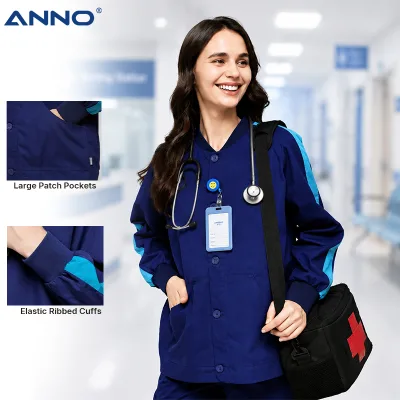 ANNO Professional Unisex Scrub Jackets with Ribbed Cuffs Snap Front Medical Nursing Jacket Coat 65/35 TC Fabric Uniform