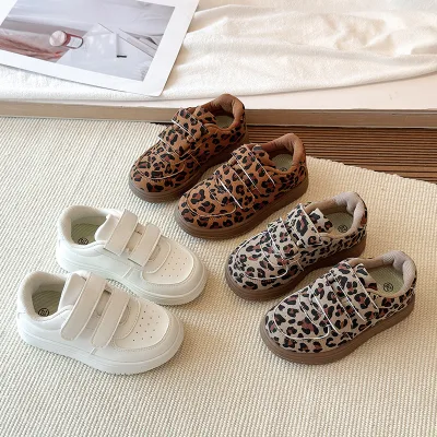 Spring/Autumn New Korean German-Style Kids' Sneakers Leopard Print Soft-Soled Velcro Closure Ankle Height Solid Color Shoes