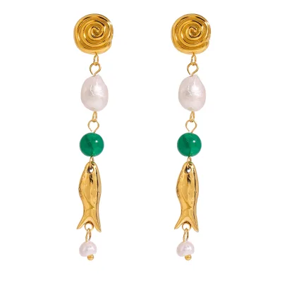 J&D Ocean Design 18K Stainless Steel Waterproof Freshwater Pearl Green Agate Fish Charm Long Earrings