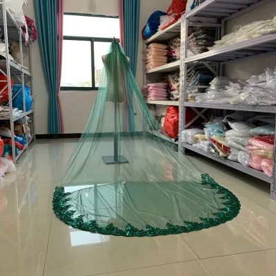 1 Layer 3 Meters Long Colorful Bridal Veils Luxury Bling Sequins Green Gold Lace Soft White/Ivory Tulle Wedding Veil With Comb
