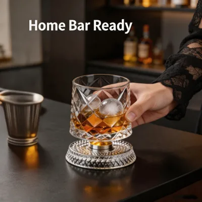 280ml Rotatable Spinning Whiskey Glasses Metal Bearing Base Crystal Rock Cup, Vintage Embossed Liquor Tumbler for Home Bar Party