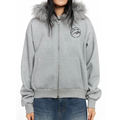Unisex Streetwear Hoodie with Detachable Faux Fur Collar - Ripped French Terry Cotton Zip Hoodie for Winter