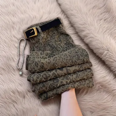 2026 Spring Autumn New High-End Denim Leopard Print High-Waisted Slimming Jeans for Women American Retro Casual Full-Length