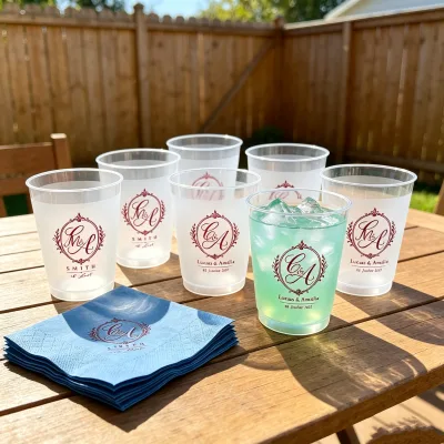 Personalized Disposable Single Wall Plastic Cups Eco-Friendly Flex Printing Custom Color Logo for Christmas Party Black Napkin