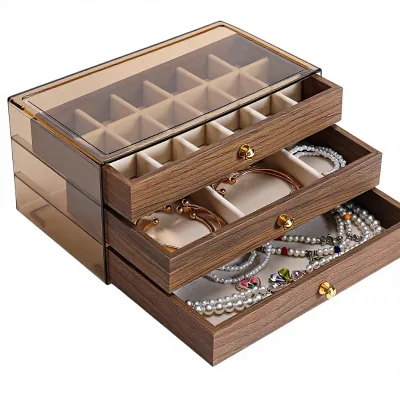 3-Layer Wooden Jewelry Box Acrylic Cover Vintage Style Jewelry Organizer for Rings Necklaces Bracelets Women Girls (Walnut Color