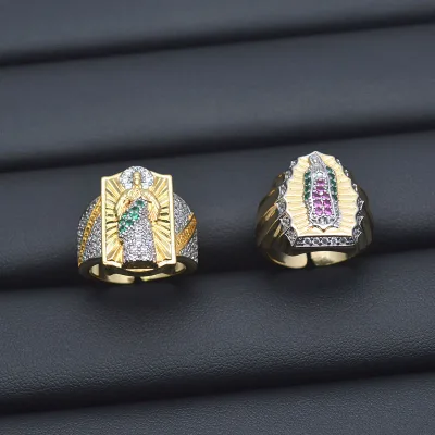 Vintage Catholic Two-Tone Plated Multicolor Zircon Virgin Mary Rings for Men Women Christian Style Luxury Party Jewelry