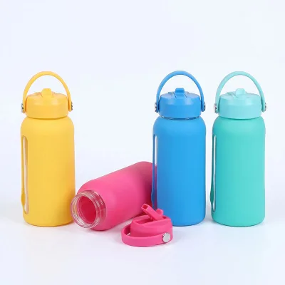 OEM Wholesale 27 oz Water Matcha Glass Drinking Bottle with Anti-Scald Silicone Case & Wide Mouth Lid