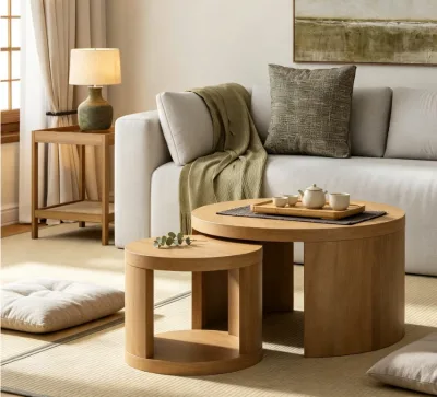 Mid Century Modern 2-Piece Nesting Coffee Table, Round Wood Coffee Table with Storage, Light Brown
